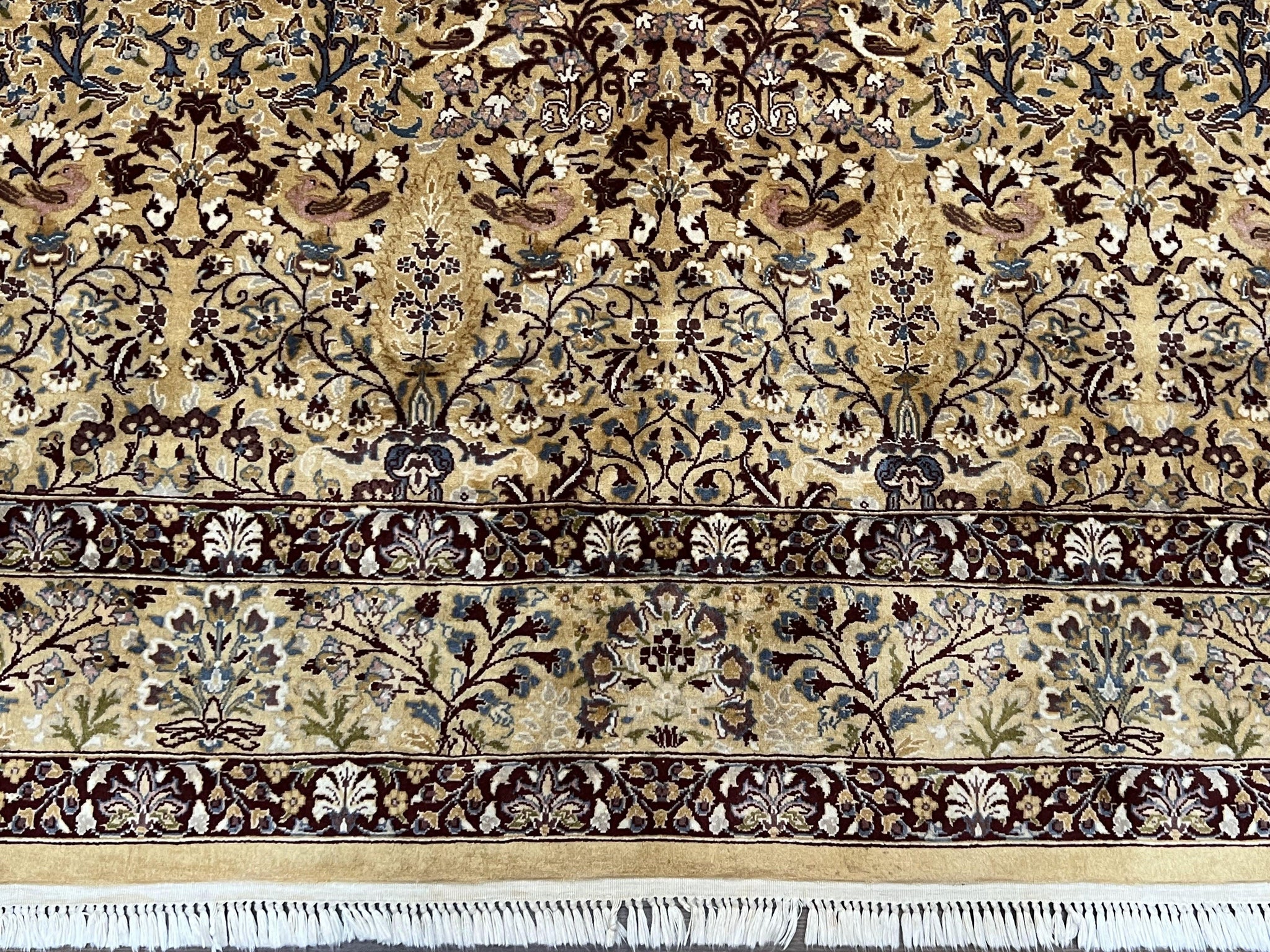 Pretty Indo Persian Rug 6x9, Allover Floral Motif with Birds, Tan/Cream, Very Fine Oriental Carpet, Hand Knotted Vintage Indian Wool Rug by Jewel Rugs