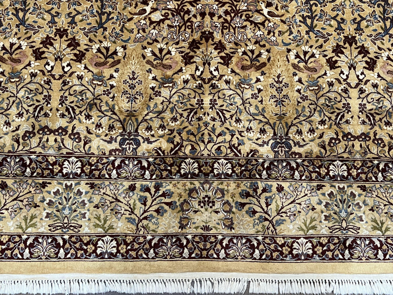 Pretty Indo Persian Rug 6x9, Allover Floral Motif with Birds, Tan/Cream, Very Fine Oriental Carpet, Hand Knotted Vintage Indian Wool Rug by Jewel Rugs