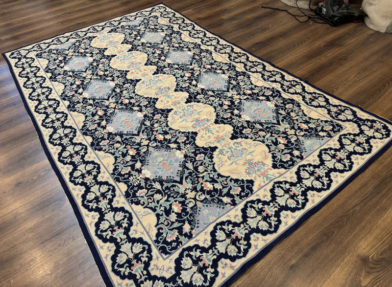 Needlepoint Rug 6x9, Ivory and Navy Blue by Jewel Rugs