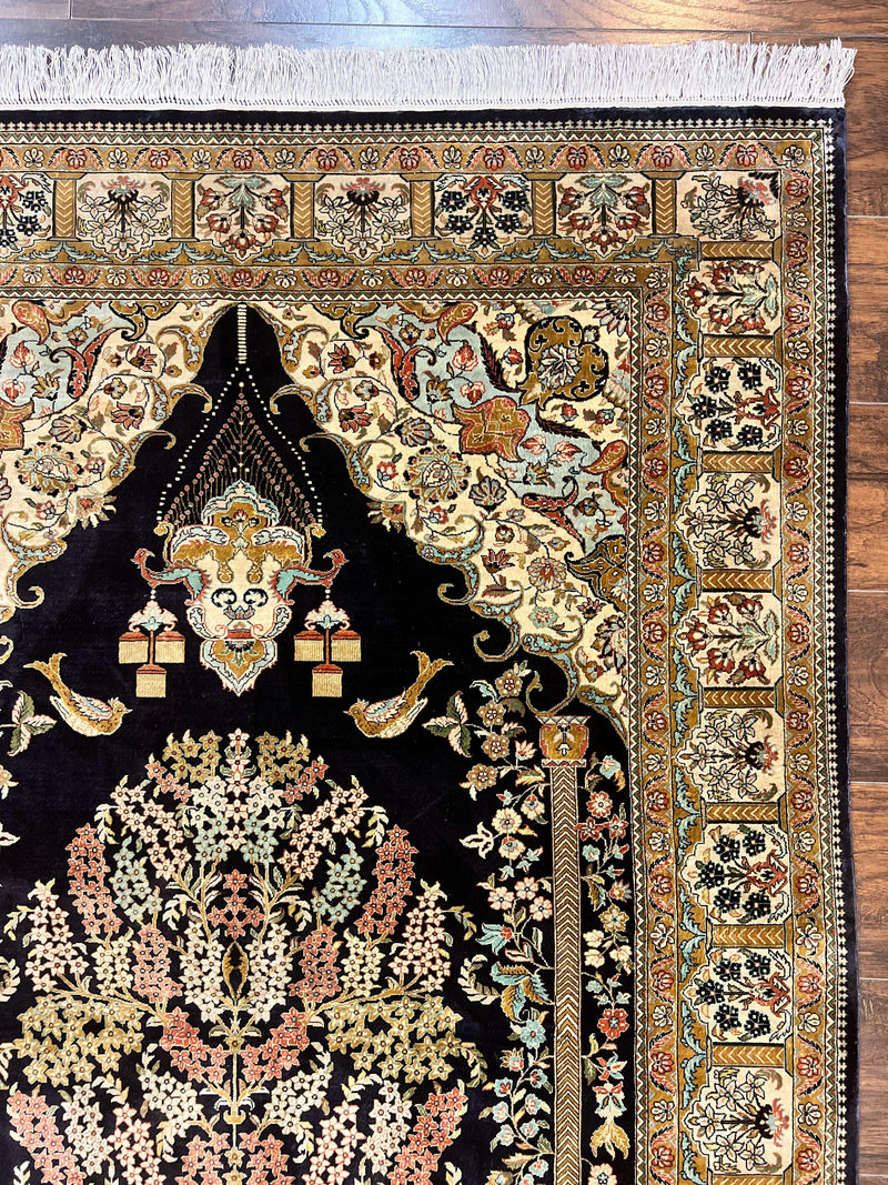 Wonderful Sino Persian Silk Rug 4x6, Tree of LIfe Design, Masterpiece 575 KPSI, Birds, Prayer Rug, Black, Silk on Silk by Jewel Rugs