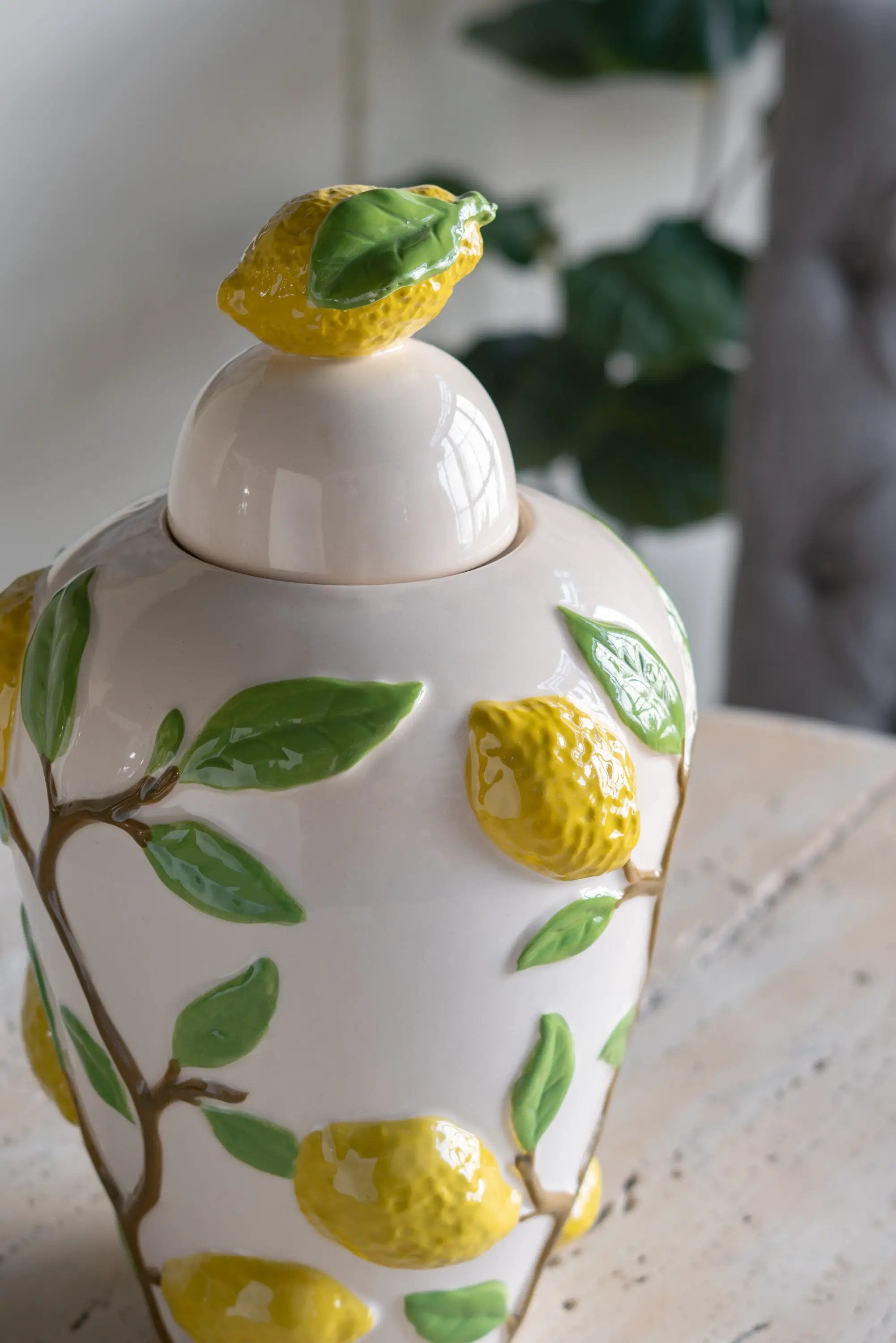 8.7x8.7x15' White Ceramic Lidded Jar with Playful Lemon Design by HouseOfZazla