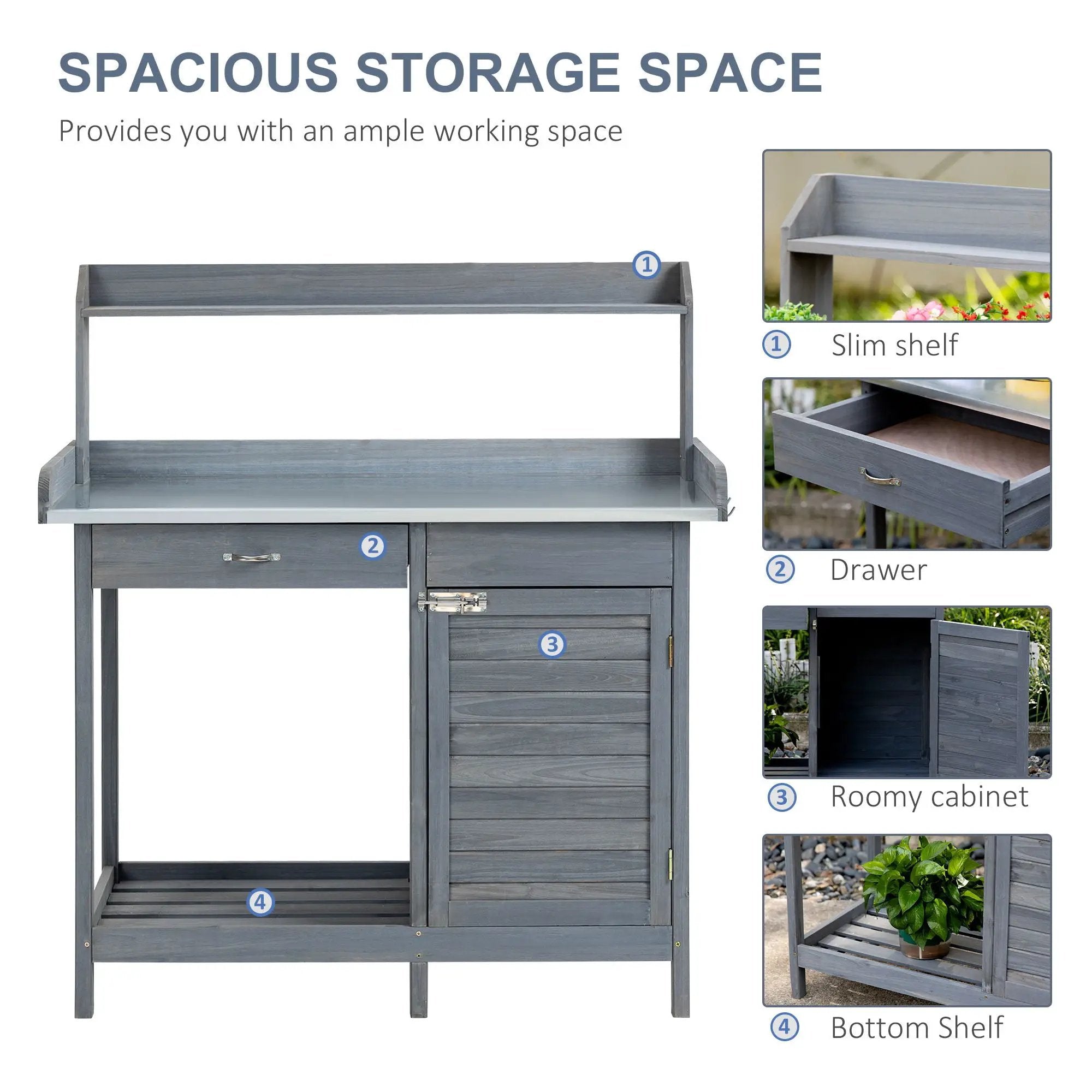 Outsunny - Outdoor Potting Bench Table, Garden Work Station With Storage Cabinet, Open Shelf And Steel Tabletop - Gray by HouseOfZazla