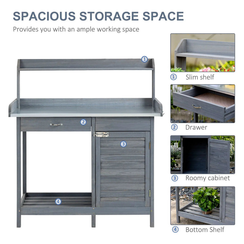 Outsunny - Outdoor Potting Bench Table, Garden Work Station With Storage Cabinet, Open Shelf And Steel Tabletop - Gray by HouseOfZazla
