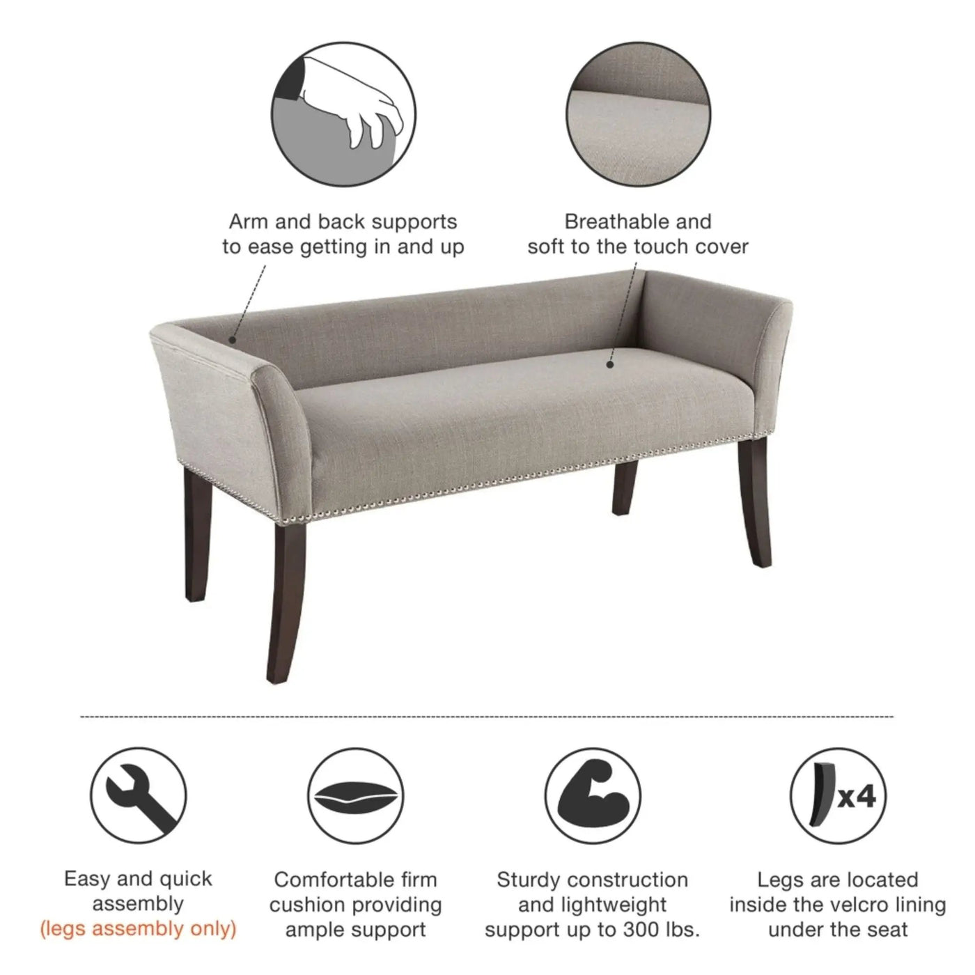 Elegant Design Bench Upholstery, Solid Wood Frame by Unique Piece Furniture