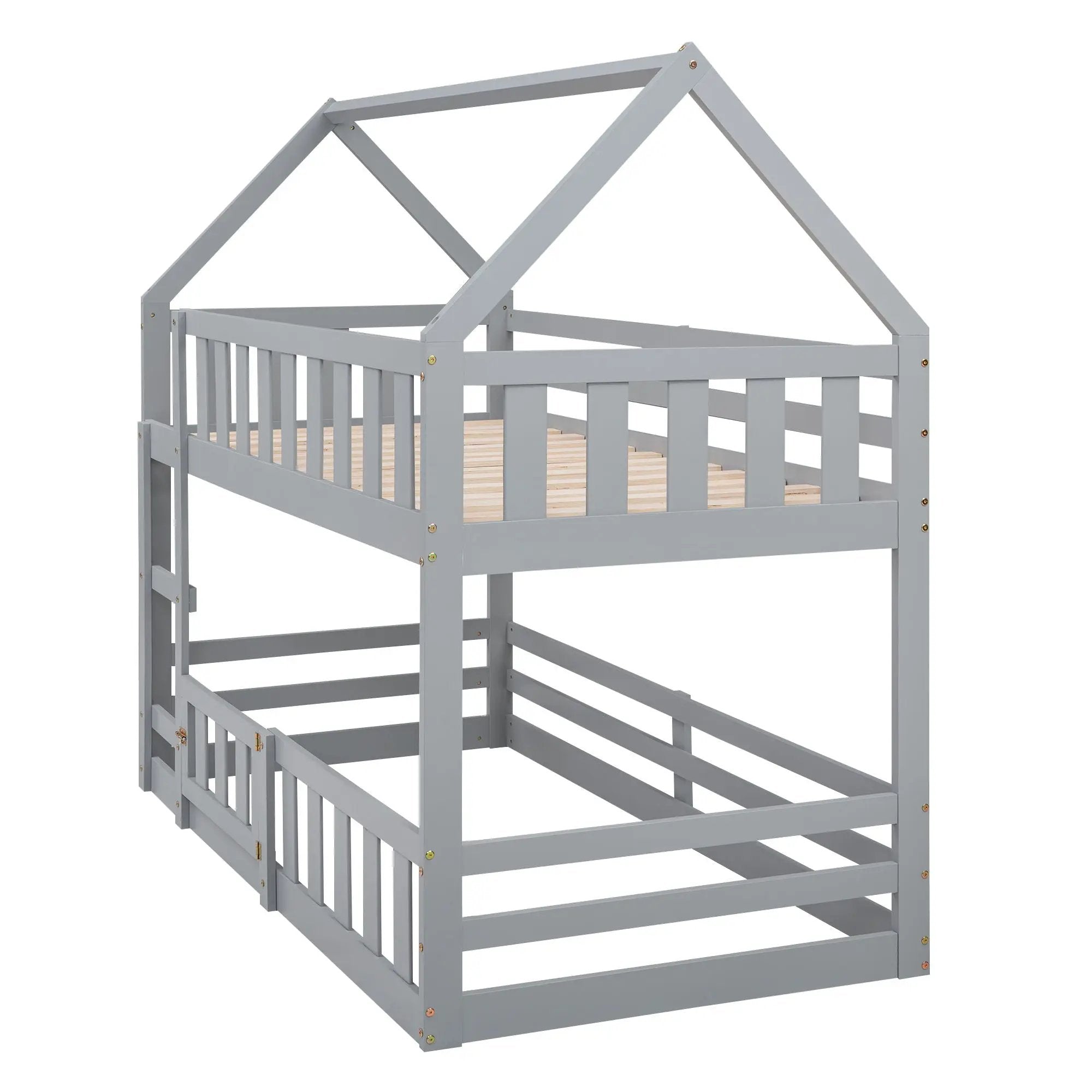 Twin Over Twin House Bunk Bed With Fence And Door by HouseOfZazla