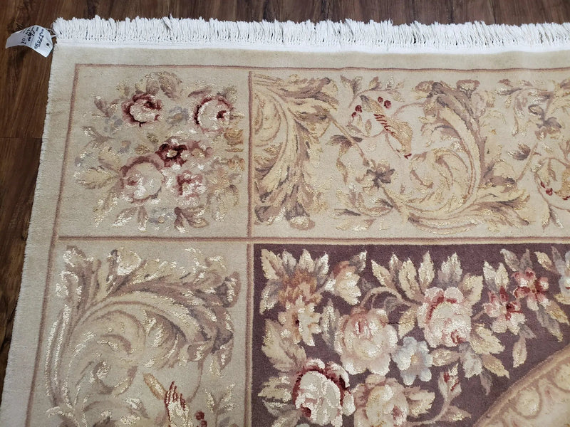 Chinese Aubusson Savonnerie Area Rug 8x12, Vintage 120 Line Carpet, Wool and Silk Hand-Knotted, Birds Flowers Master Weaver Signature by Jewel Rugs