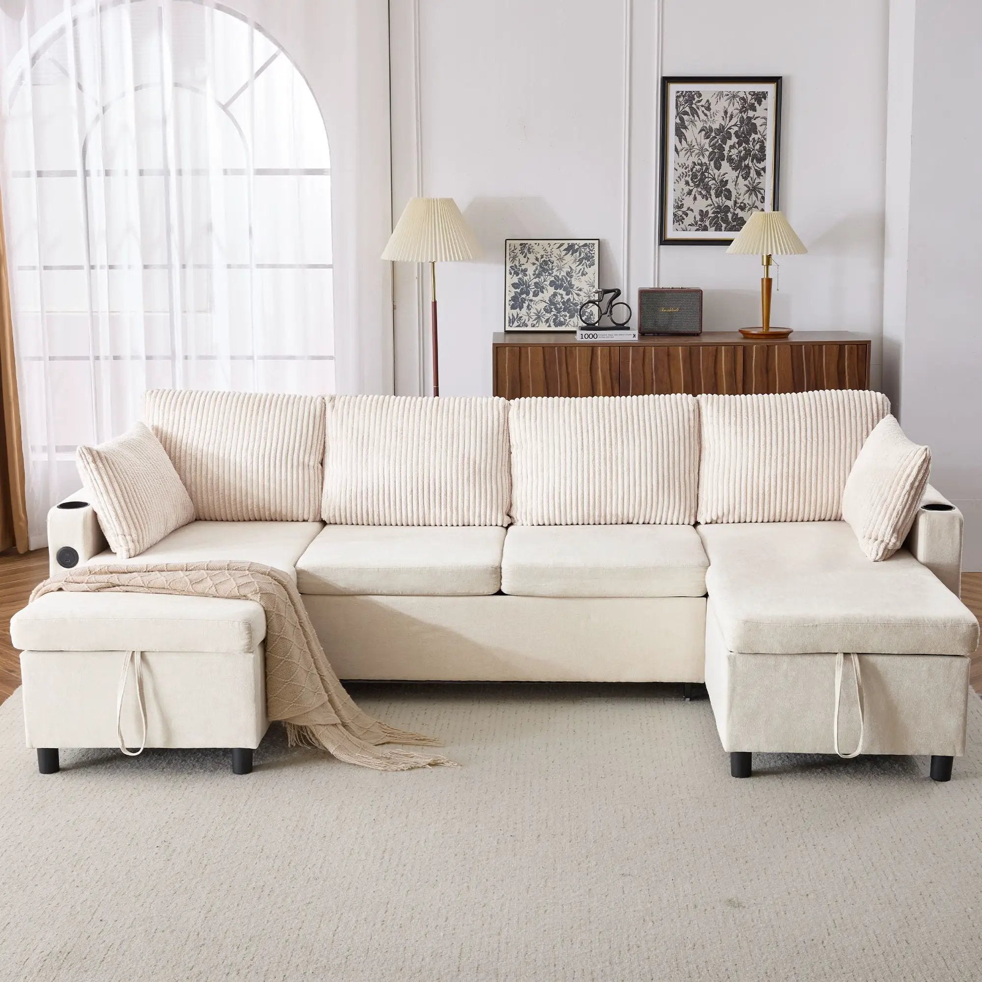 Sectional Sofa Bed With Pull Out Sleeper, USB Ports, Cup Holders by HouseOfZazla