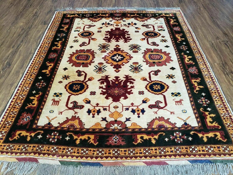 5' X 6' Vintage Handmade Knotted Turkish Kazak Pattern Wool Rug Bohemian Boho Interior Design by Jewel Rugs