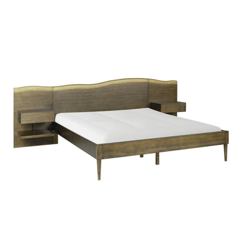 Queen Size Platform Bed Frame With Live Edge Headboard, Built In Nightstands - Dark Brown by Unique Piece Furniture