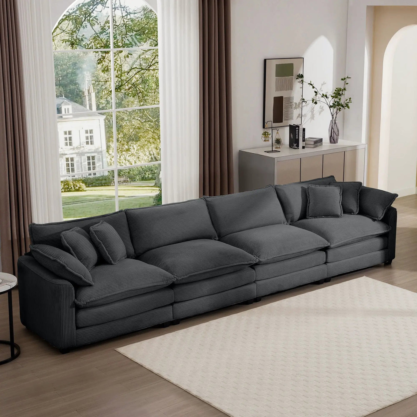 Modern Upholstered 4 Seater Fabric Sofa With Arm And Throw Pillows by Unique Piece Furniture