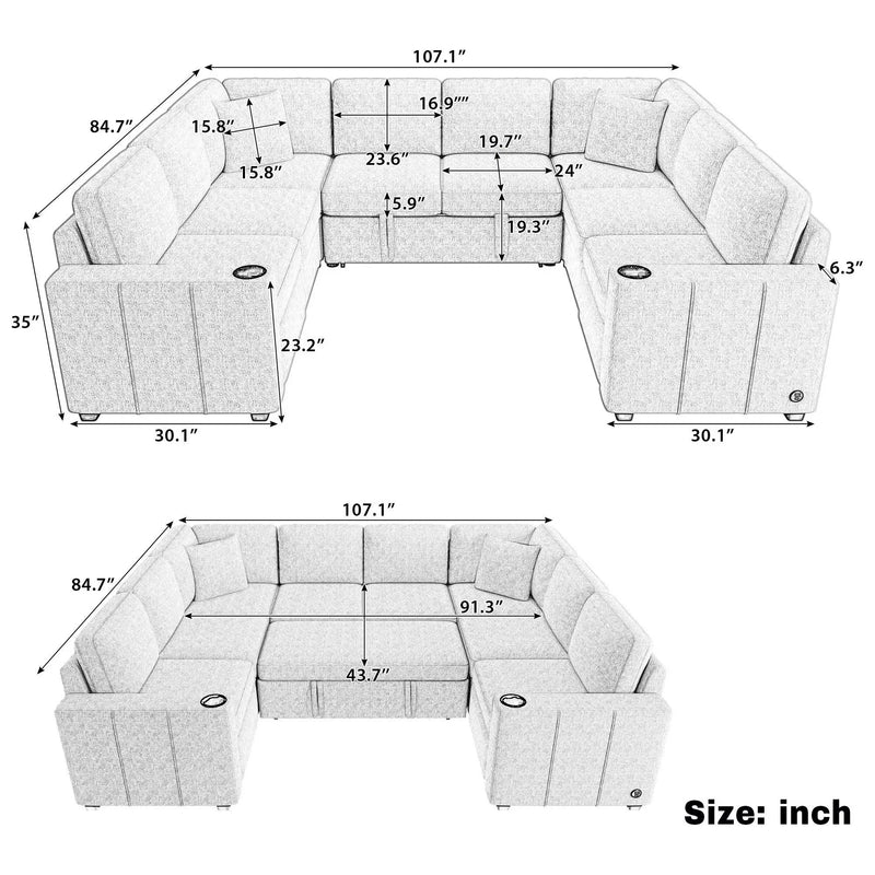 Convertible U-Shaped Sectional Sofa With Pull-Out Bed by HouseOfZazla