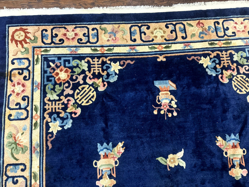 Chinese Wool Rug 8x11, Navy Blue and Beige, Simple Design, Fete Carpet by Jewel Rugs