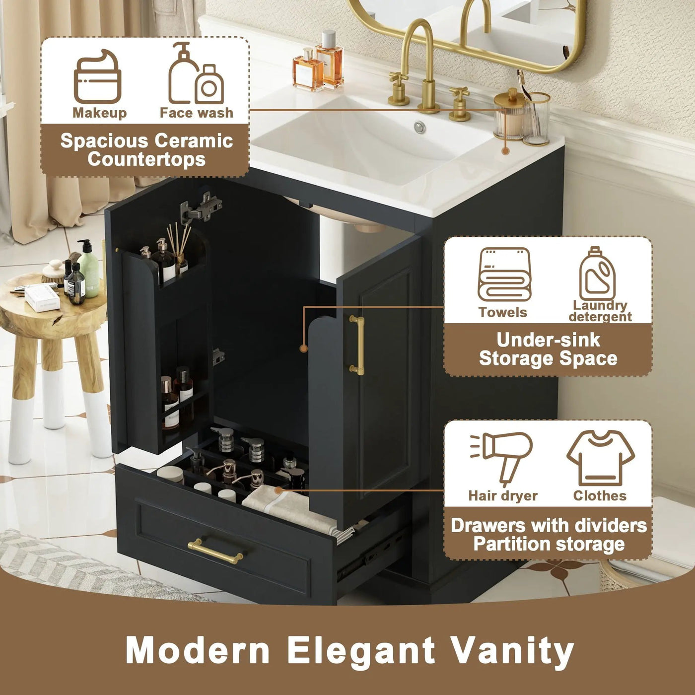 Bathroom Vanity With Sink, 1 Divided Drawer And 2 Soft Close Doors With Double Shelf by Unique Piece Furniture