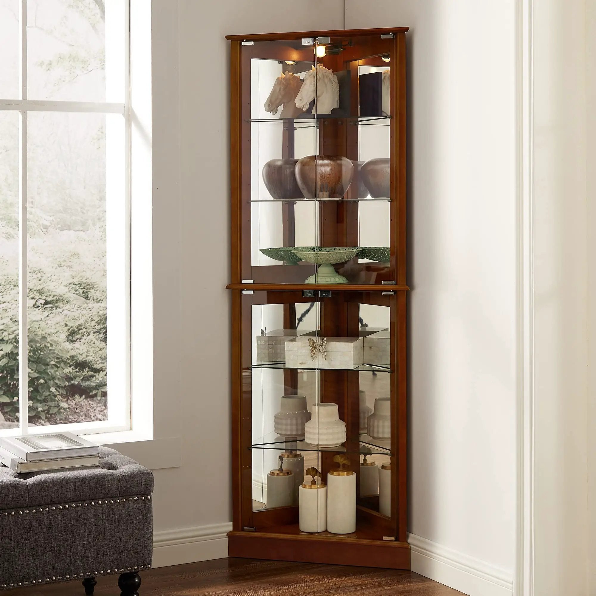 Corner Curio Dispaly Cabinet With Lights, Adjustable Tempered Glass Shelves, Mirrored Back (E26 Light Bulb Not Included) by Unique Piece Furniture