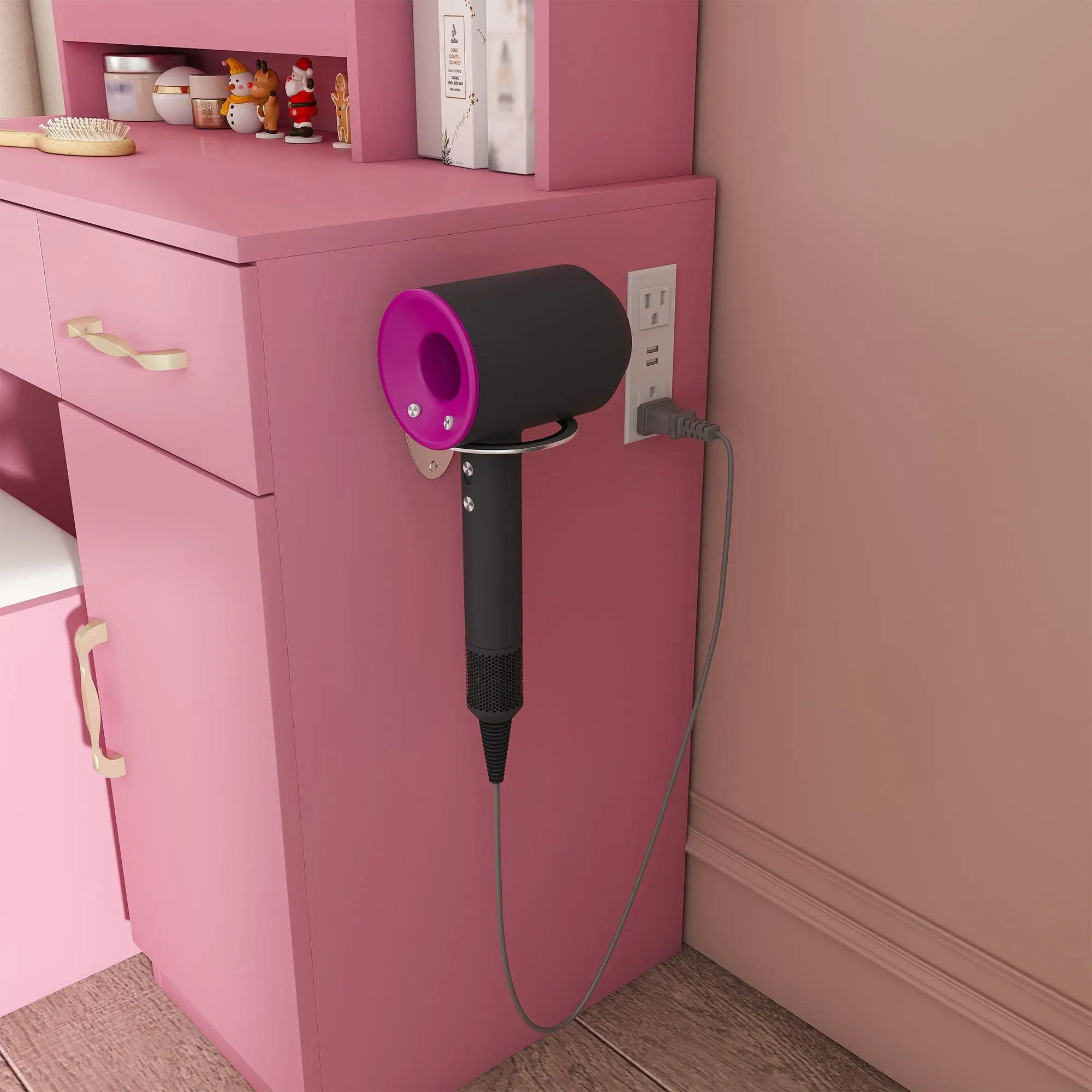 Vanity Desk With LED Mirror Lights And Power Outlet Charging Station, 3 Drawers, 7 Shelves, Storage Stool - Pink by HouseOfZazla