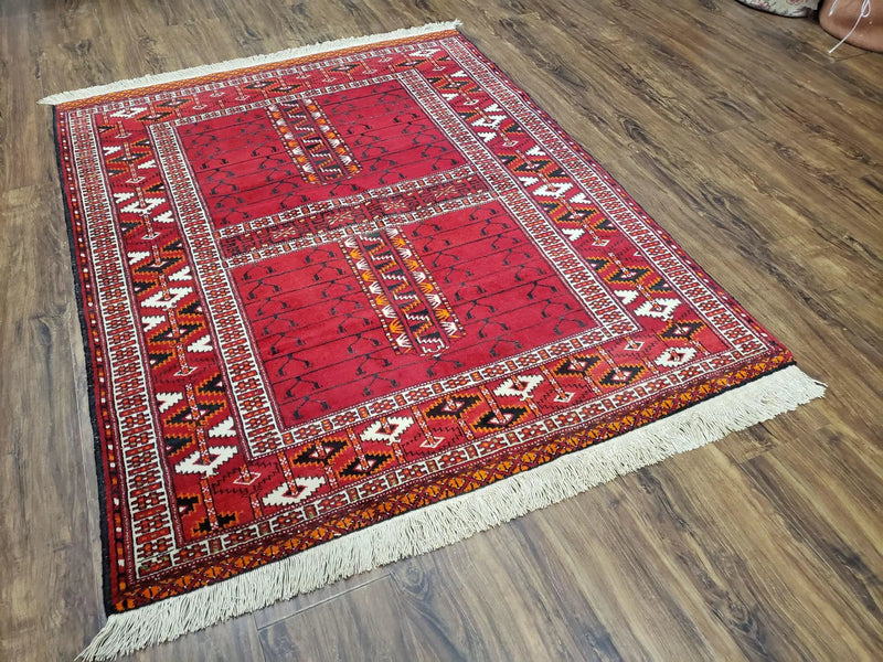 Antique Persian Turkoman Rug 4x5, Hatchli Tekkeh Ersari Red Tribal Rug, Handmade Wool Oriental Carpet, Four Seasons Rug by Jewel Rugs