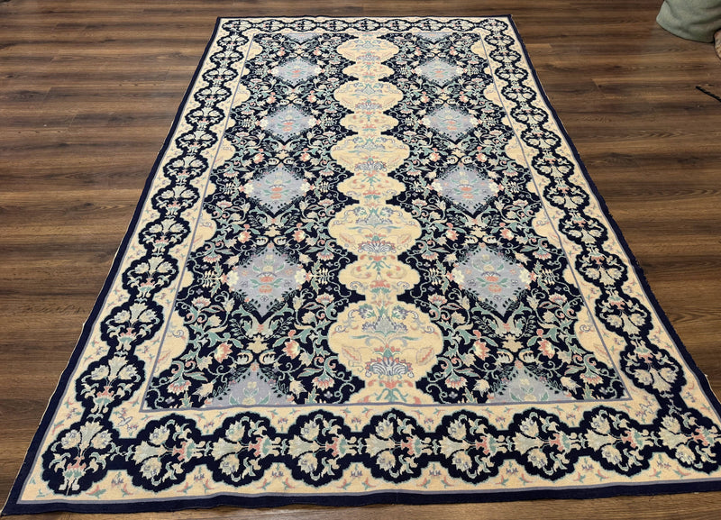 Needlepoint Rug 6x9, Ivory and Navy Blue by Jewel Rugs