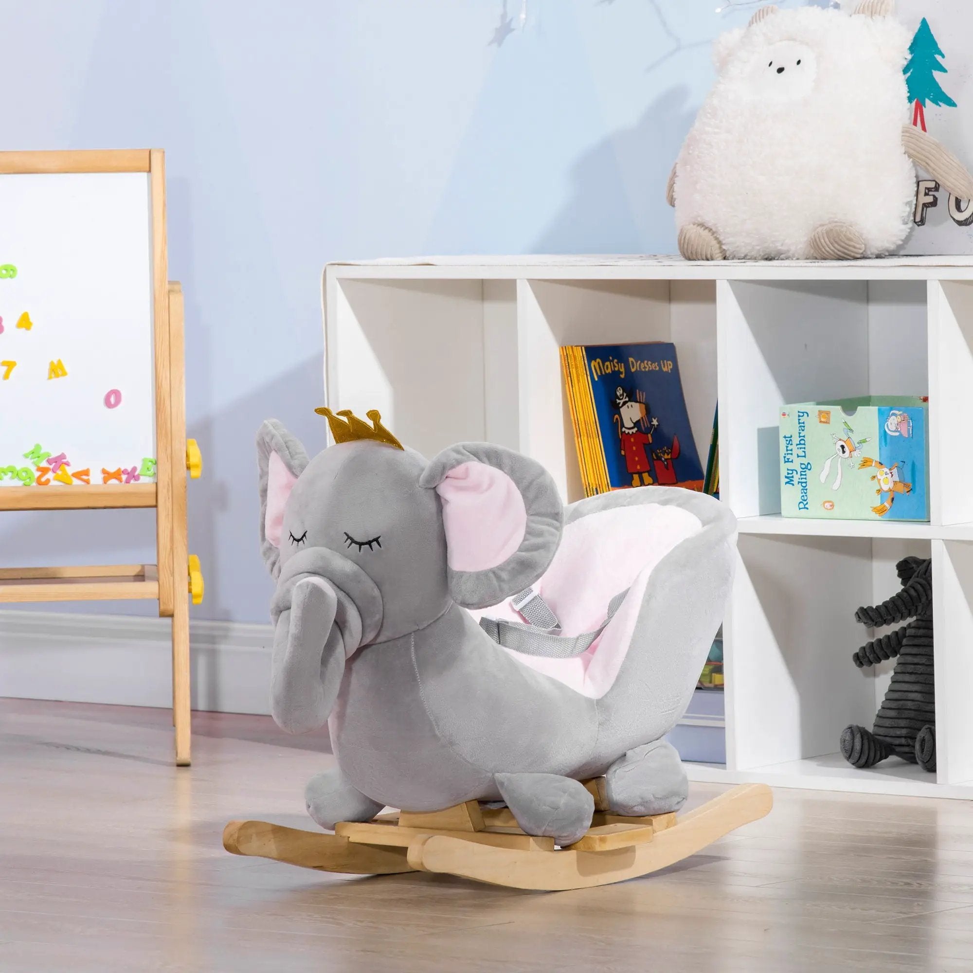 Qaba - Baby Rocking Horse Elephant Rocking Chair Toddler Rocker Toy With Sound Wooden Base Seat Safety Belt For 1.5-3 Year Old - Gray by HouseOfZazla