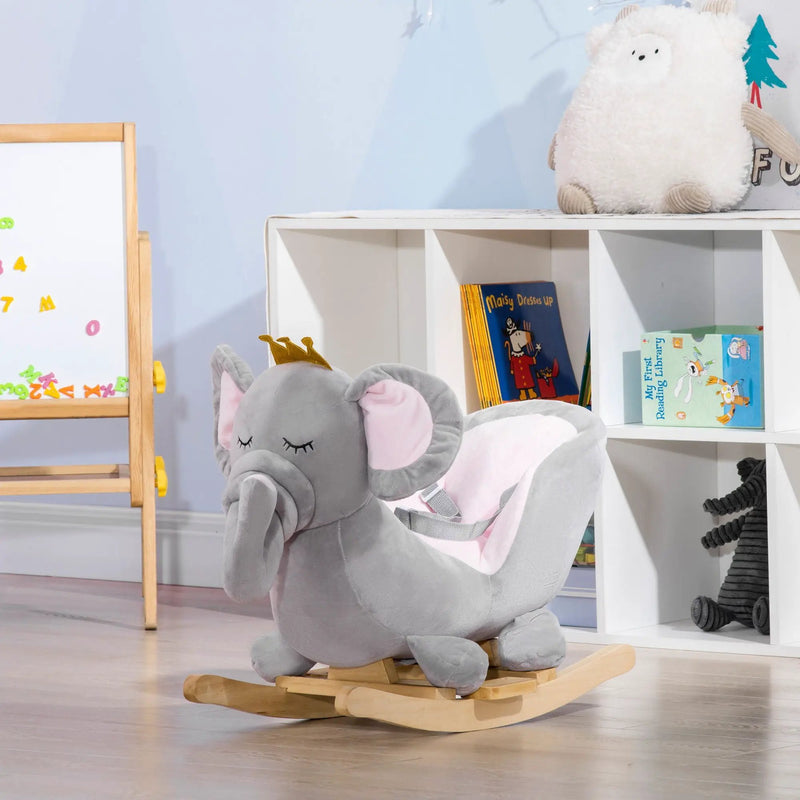Qaba - Baby Rocking Horse Elephant Rocking Chair Toddler Rocker Toy With Sound Wooden Base Seat Safety Belt For 1.5-3 Year Old - Gray by Unique Piece Furniture