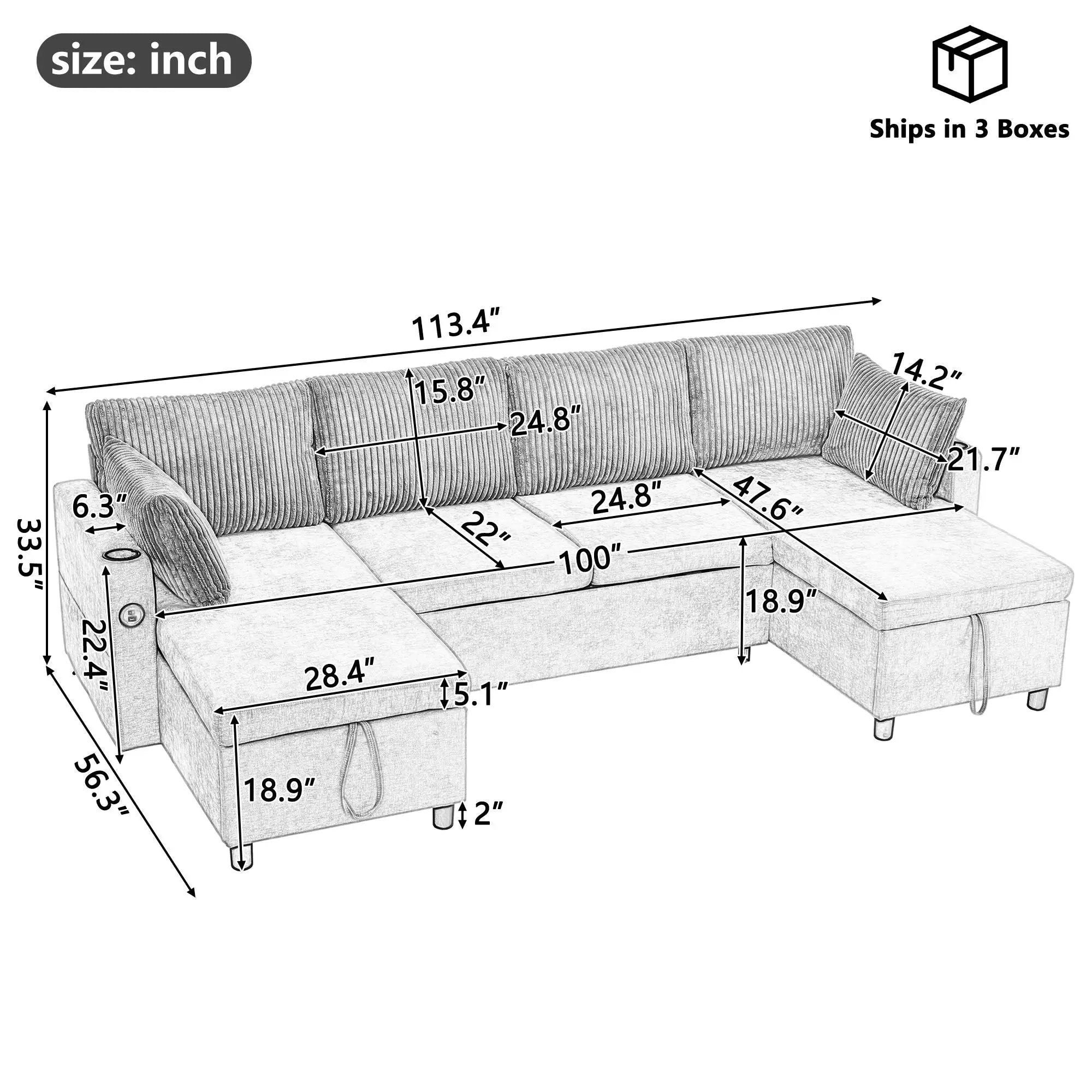 Sectional Sofa Bed With Pull Out Sleeper, USB Ports, Cup Holders by Unique Piece Furniture