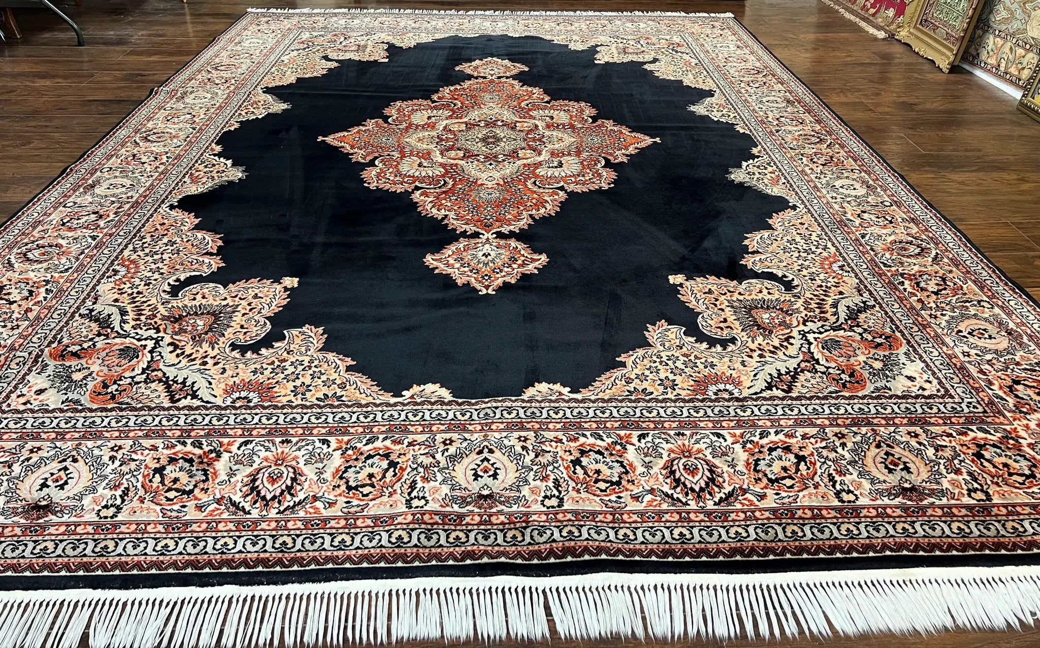 Karastan Rug 10x13, Karastan Ebony Kirman Rug, Room SIzed Wool Pile Vintage Karastan Carpet, Belgium Power Loomed Rug, Black Semi Open Field by Jewel Rugs