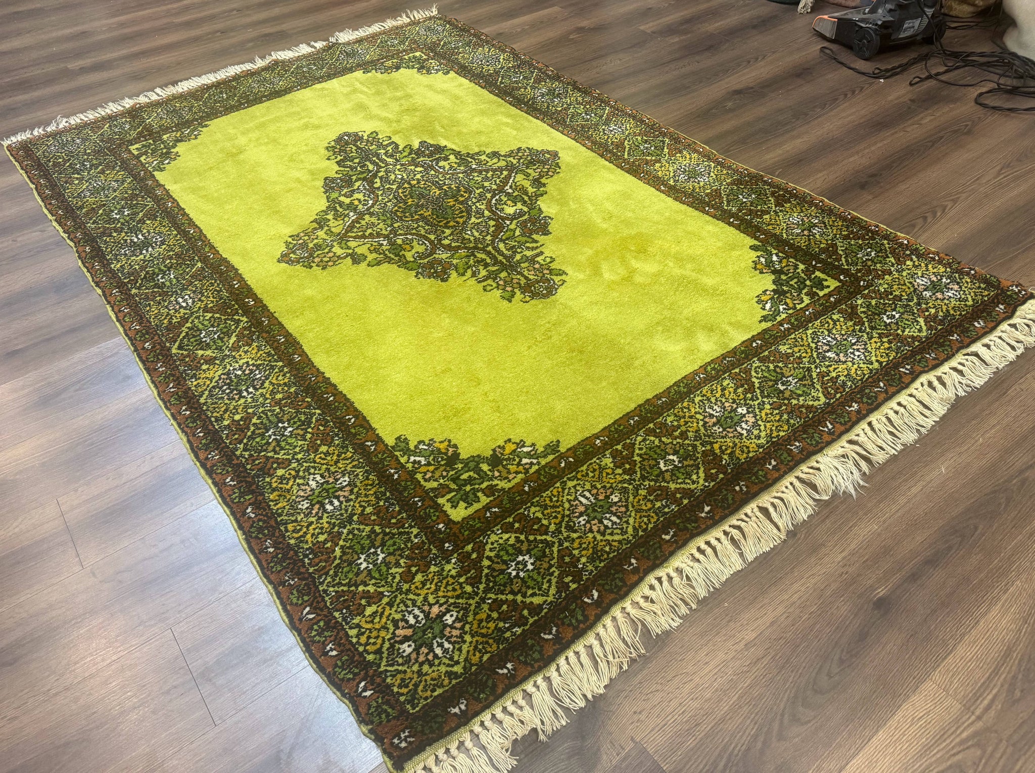 Moroccan Rug 6x8, Semi Open Field, Vintage, Lime Green, Wool Carpet by Jewel Rugs