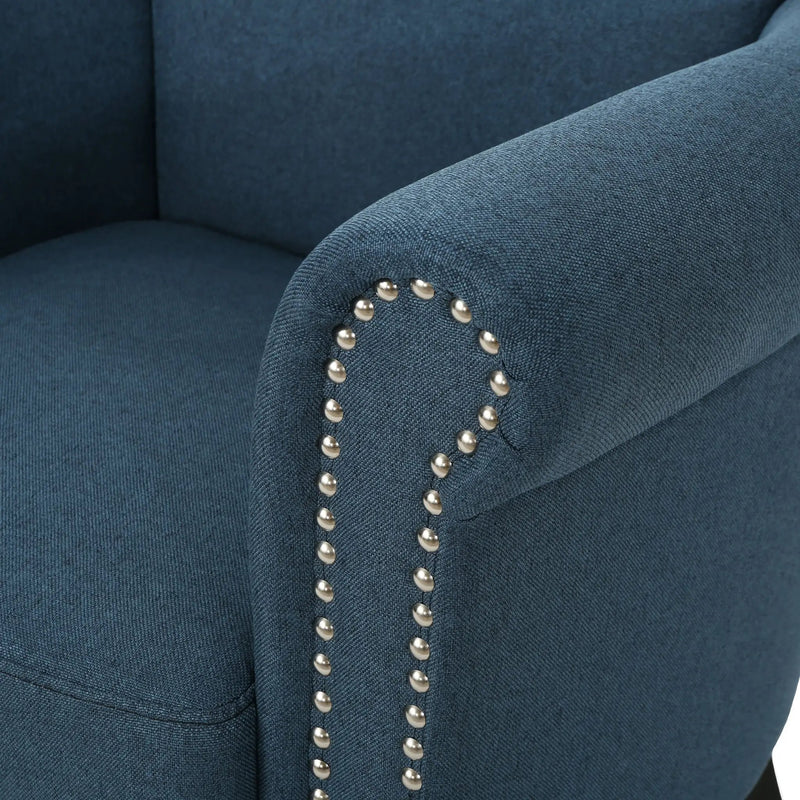 Elegant Navy Blue Fabric Club Chair with Nailhead Trim and Birch Wood Legs by HouseOfZazla