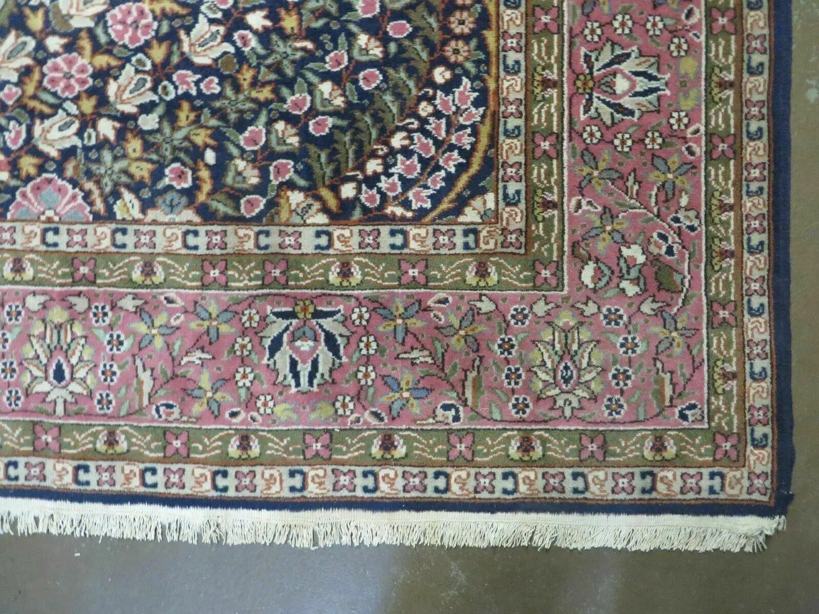 Turkish Sivas Rug 7x11, Navy Blue & Pink, Millifluer Floral Wool Carpet, Vintage by Jewel Rugs