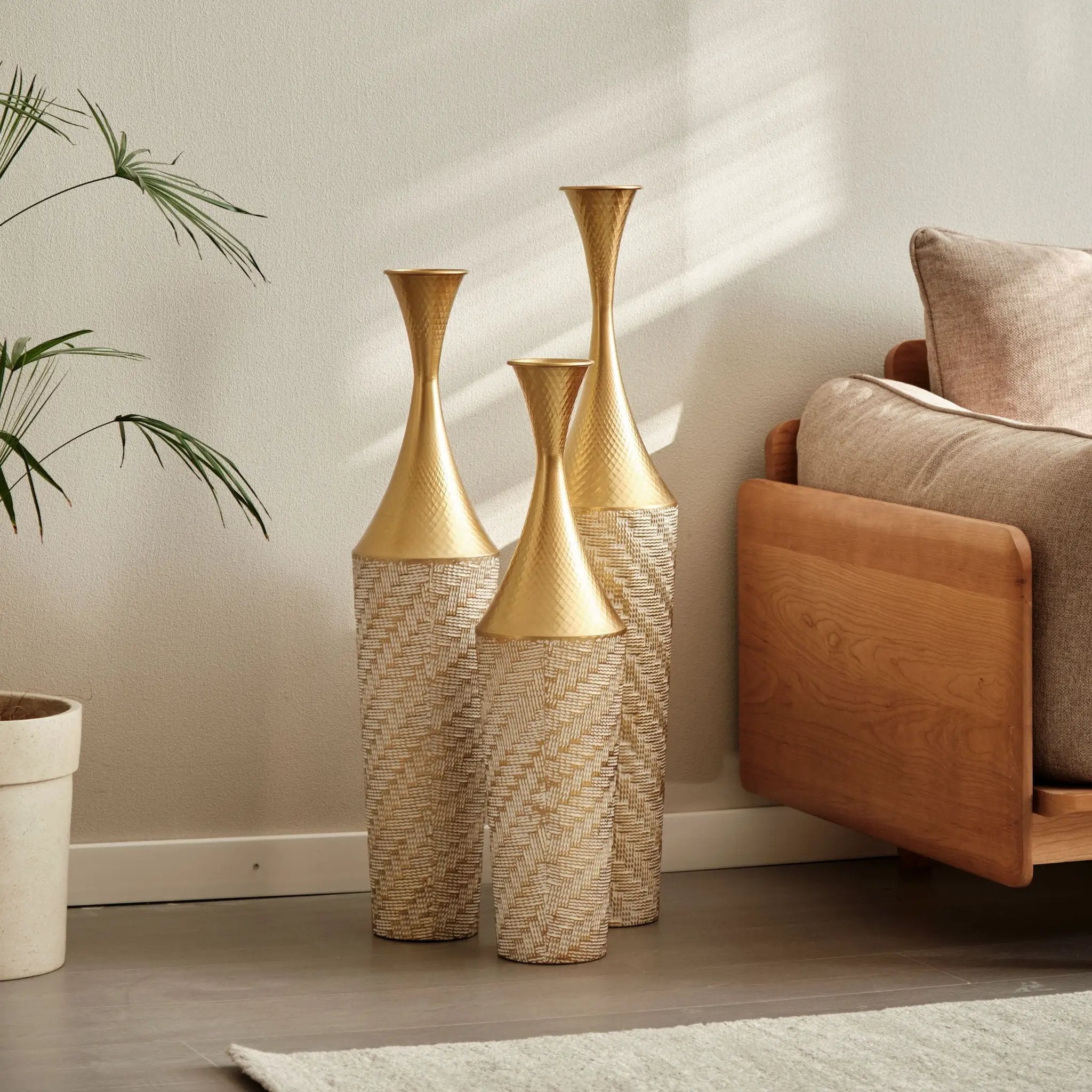 Floor Metal Vase Modern Style Decoration Home Woven Pattern Metal Vase 3 Piece Set Gorgeous Home Decoration Large Glazed Metal Vase - Champagne by Unique Piece Furniture