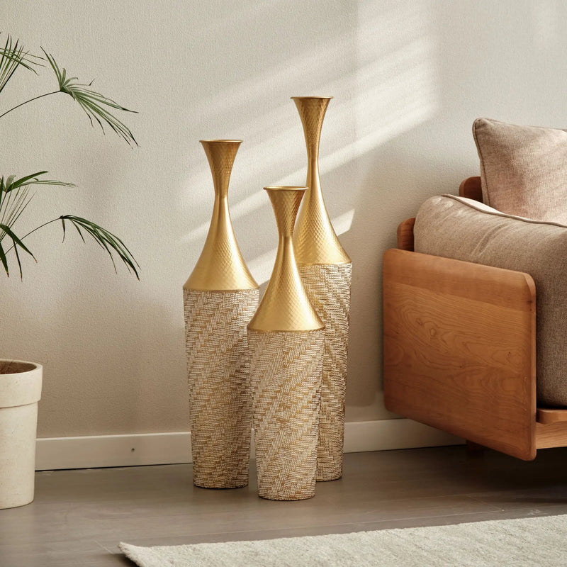 Floor Metal Vase Modern Style Decoration Home Woven Pattern Metal Vase 3 Piece Set Gorgeous Home Decoration Large Glazed Metal Vase - Champagne by Unique Piece Furniture