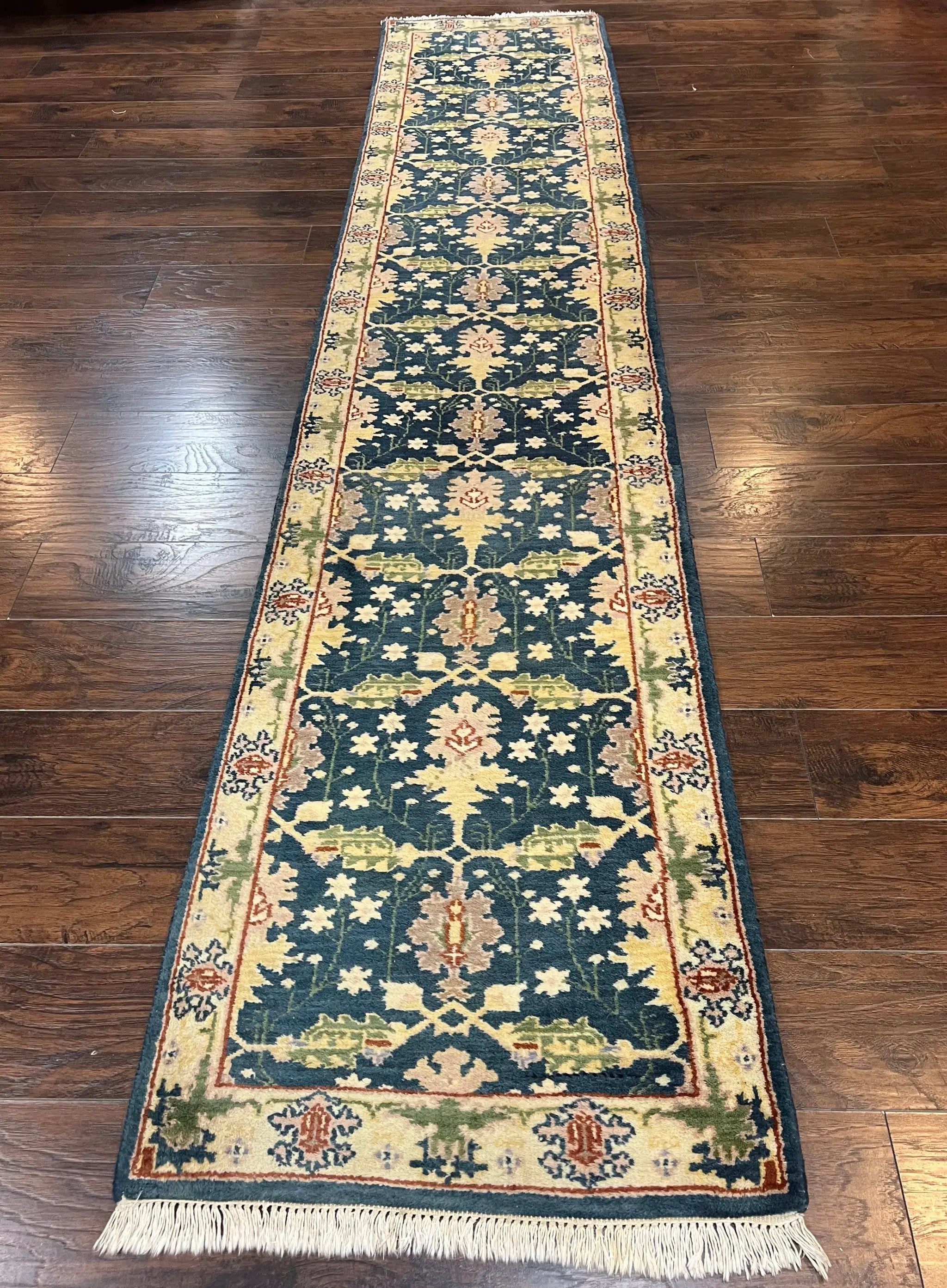 Indian Runner Rug 2.6 x 12, Navy Blue Beige Oriental Runner Rug 12ft Long, Narrow Hallway Runner, Wool Hand Knotted Indo Persian Mahal Rug by Jewel Rugs