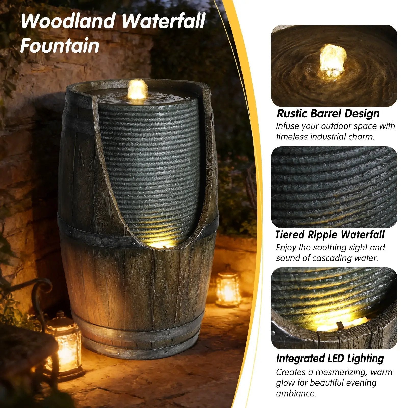 Wooden Barrel Style Outdoor Water Fountain with Lights by HouseOfZazla