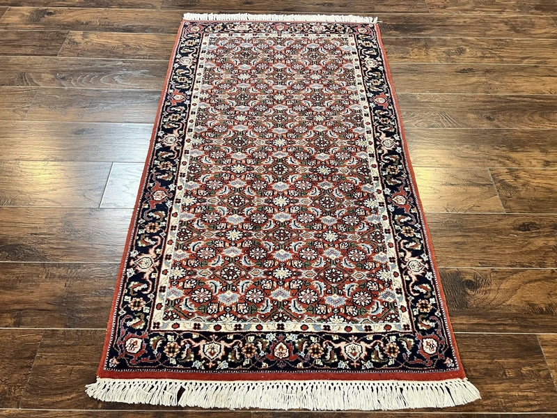 Indo Persian Rug 3x5, Red and Navy Blue, Wool Vintage Handmade Small Carpet 3 x 5 ft, Herati Pattern, Bidjar Rug by Jewel Rugs