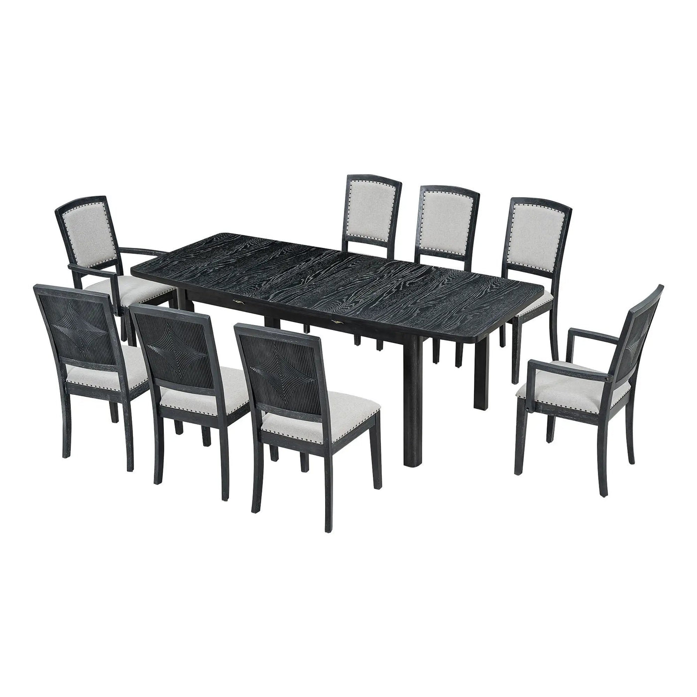 Topmax - Rustic Extendable Dining Table Set With Removable Leaf, 6 Upholstered Armless Dining Chairs And 2 Padded Arm Chairs, 9 Pieces by Unique Piece Furniture