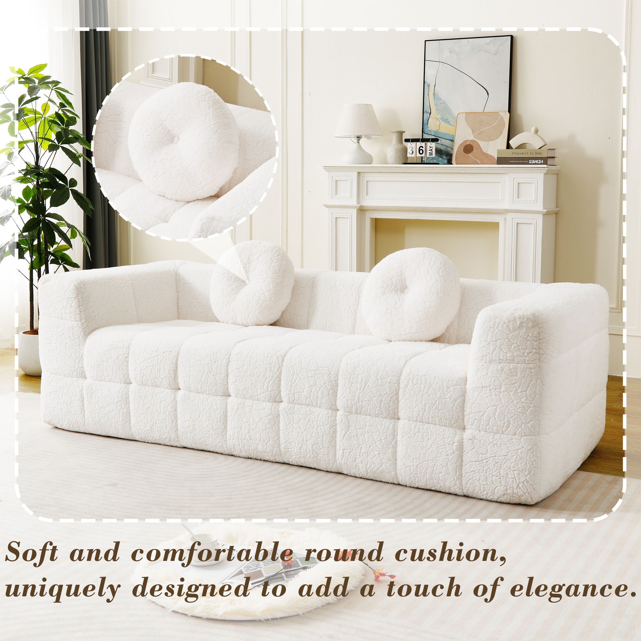 Boneless 3 Seater Sofa With Circular Throw Pillows - Beige by HouseOfZazla