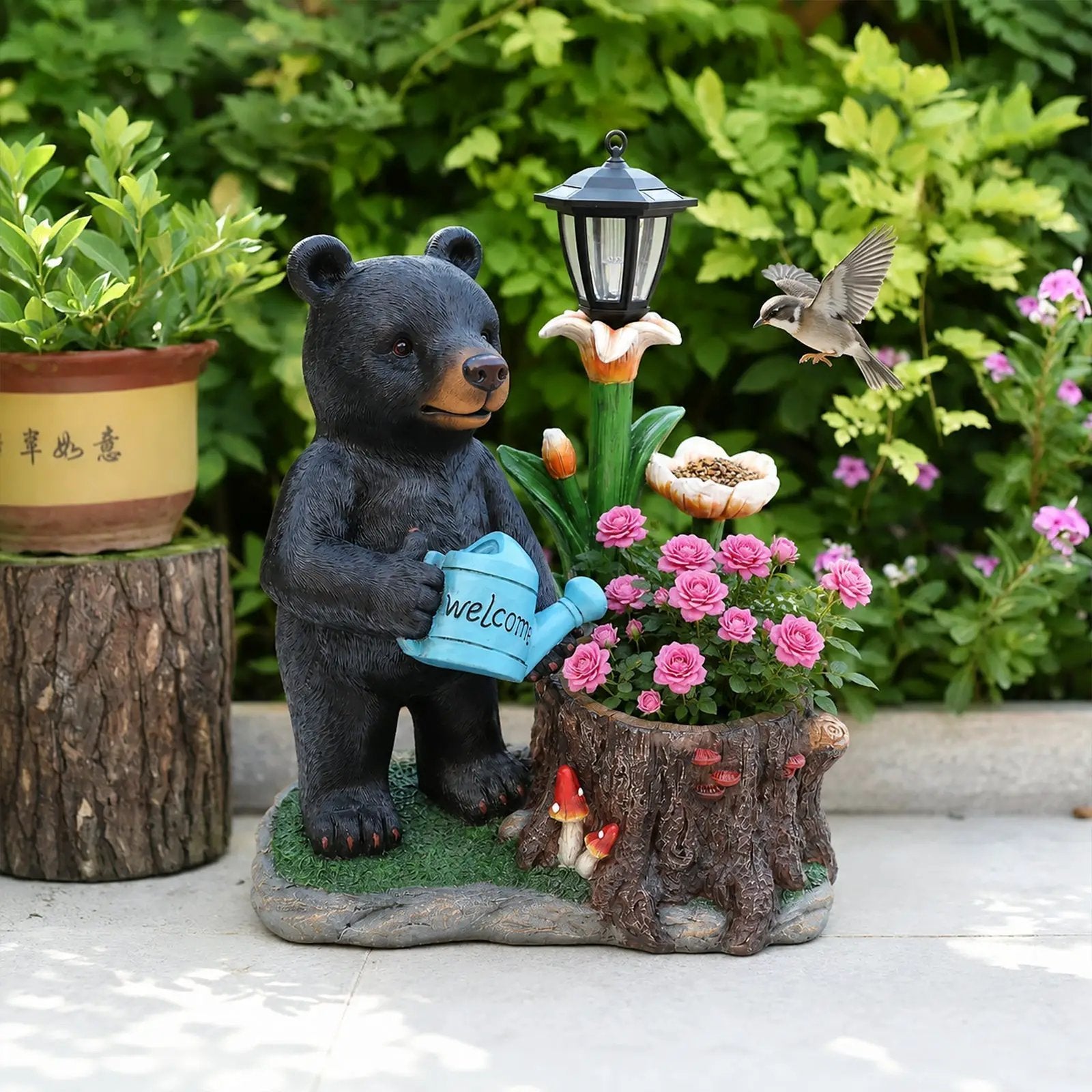 Standing Black Bear Garden Planter with Decorative Solar Lantern by HouseOfZazla