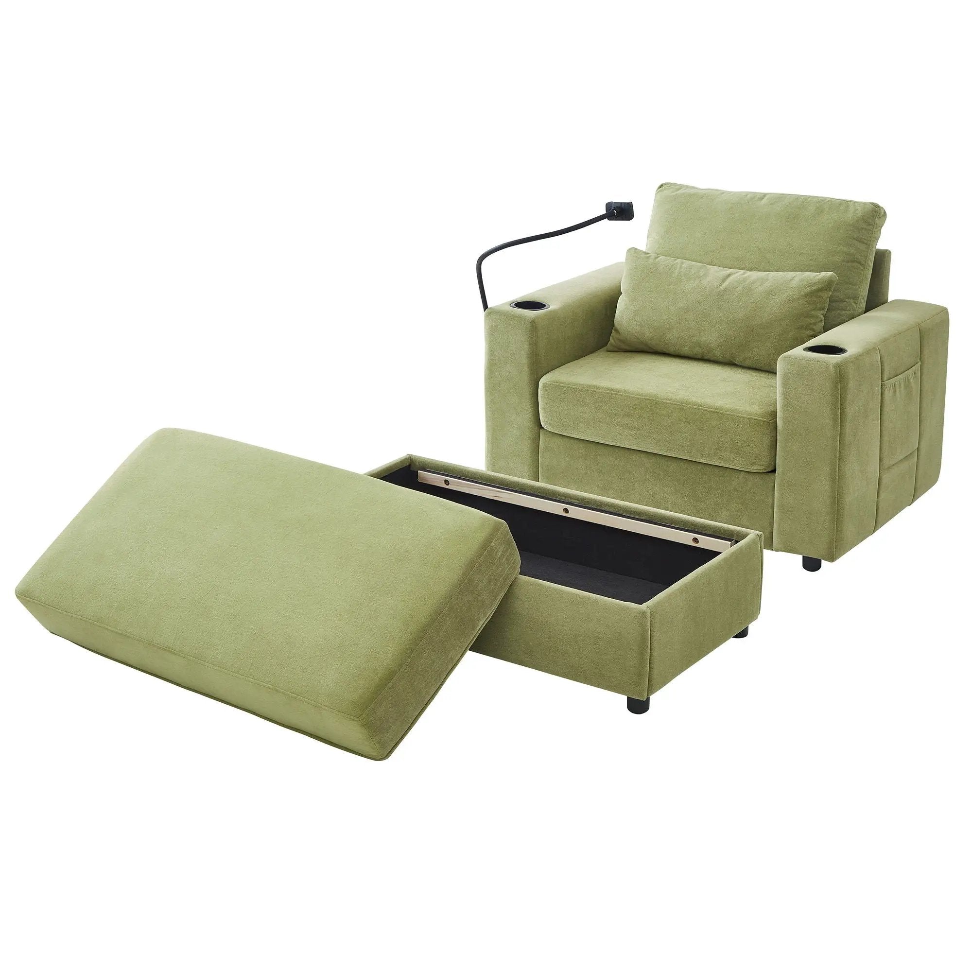 Modern Style Armchair Chaise Lounge Sofa Couch With Movable Storage Ottoman, USB Ports, Cup Holders, Phone Holder, Side Pockets by HouseOfZazla