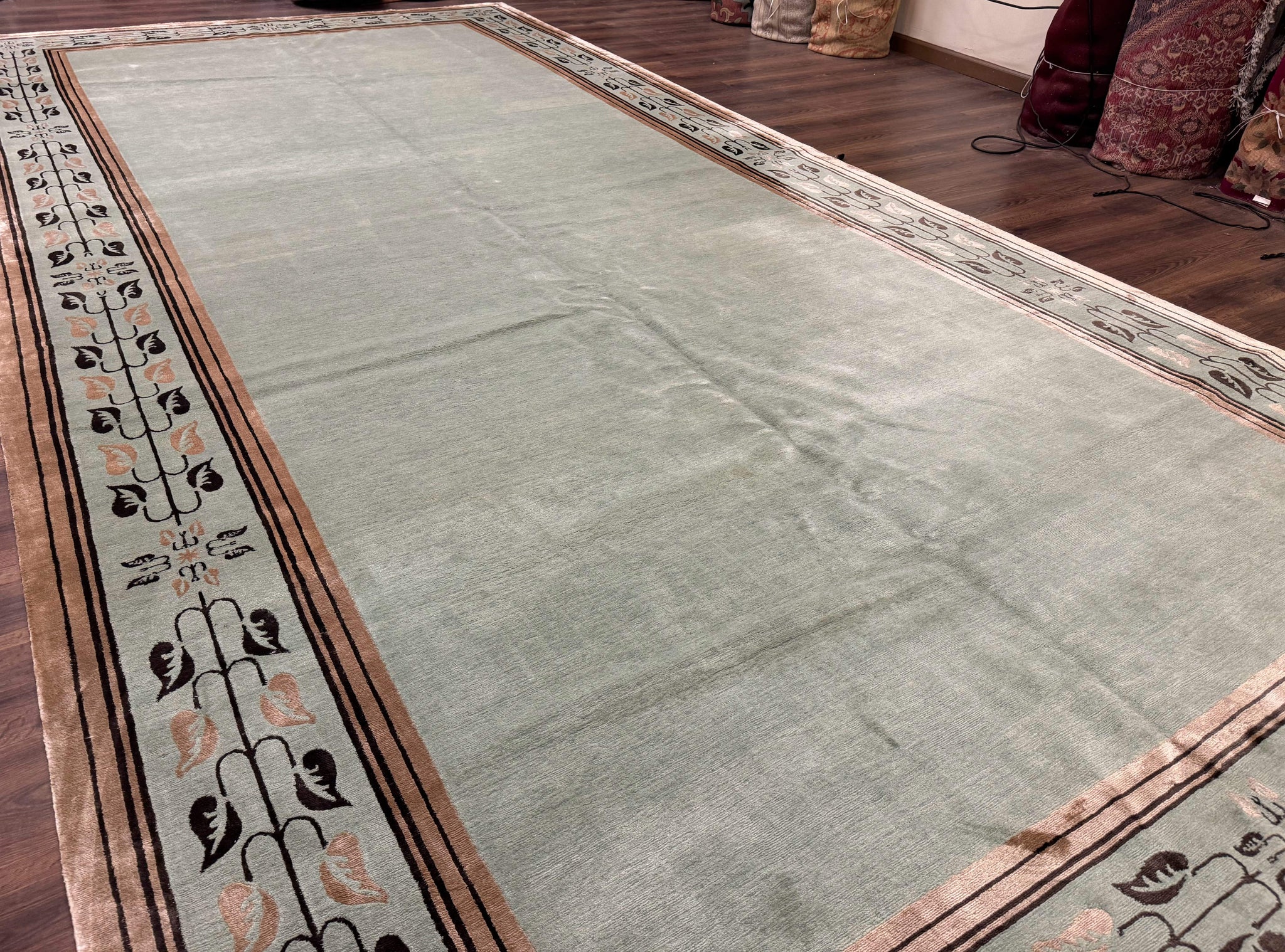 Palace Size Nepali Rug 9x18, Open Field, Light Mint Green, Wool Hand Knotted, Modern Contemporary by Jewel Rugs