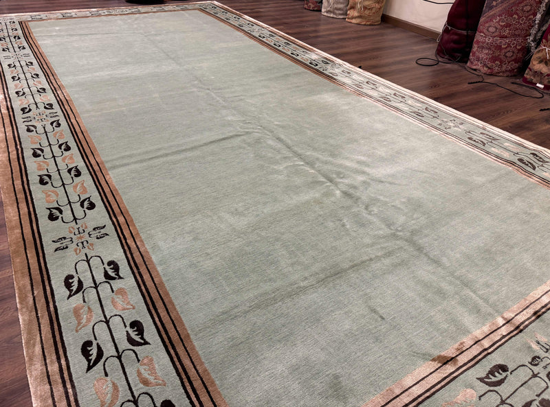 Palace Size Nepali Rug 9x18, Open Field, Light Mint Green, Wool Hand Knotted, Modern Contemporary by Jewel Rugs