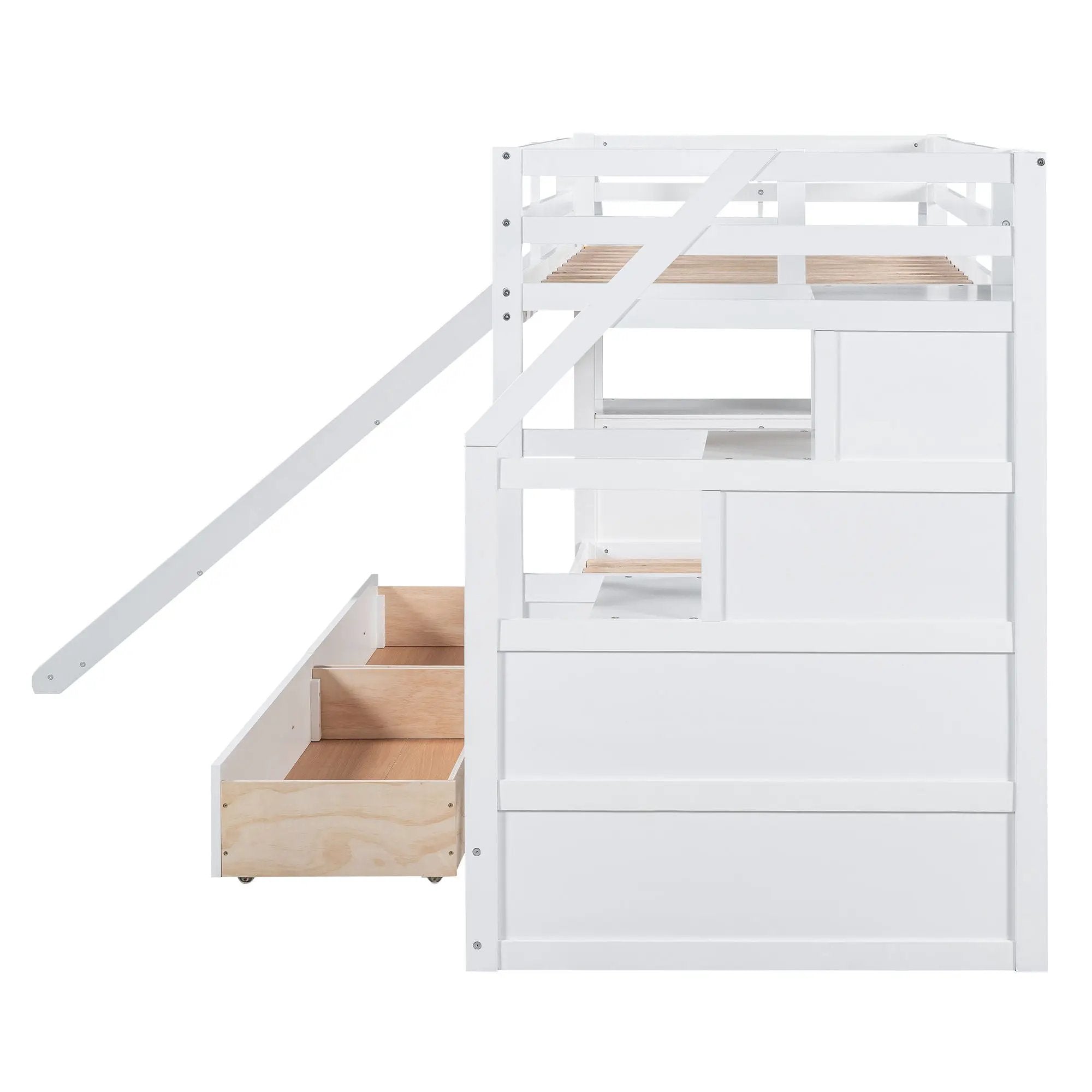 Bunk Bed With Storage Staircase, Slide, Desk, Drawers, And Shelves