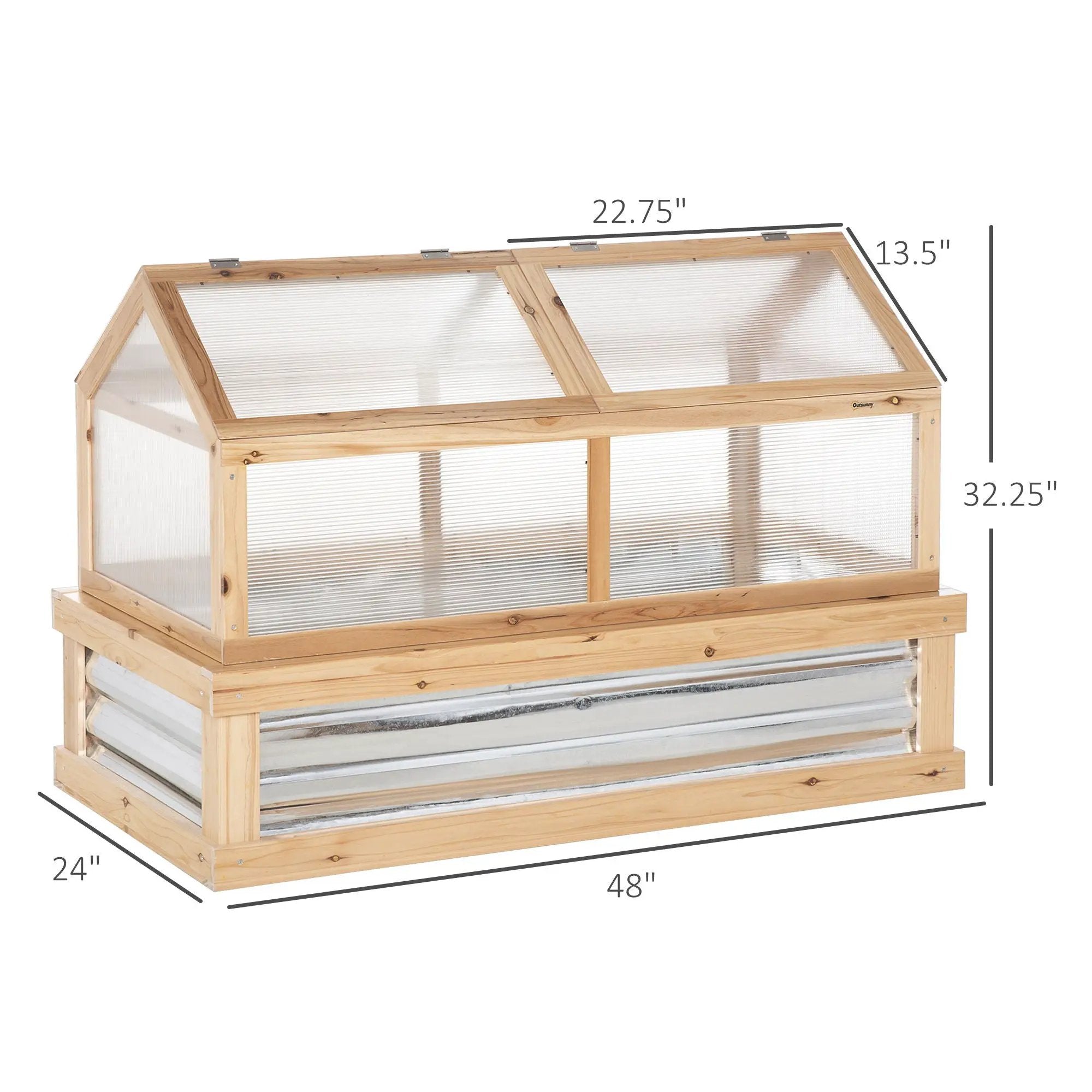 Outsunny - Raised Garden Bed With Polycarbonate Greenhouse, Wooden Garden Cold Frame Greenhouse, Flower Planter Protection, 48" x 24" x 32" - Natural by HouseOfZazla