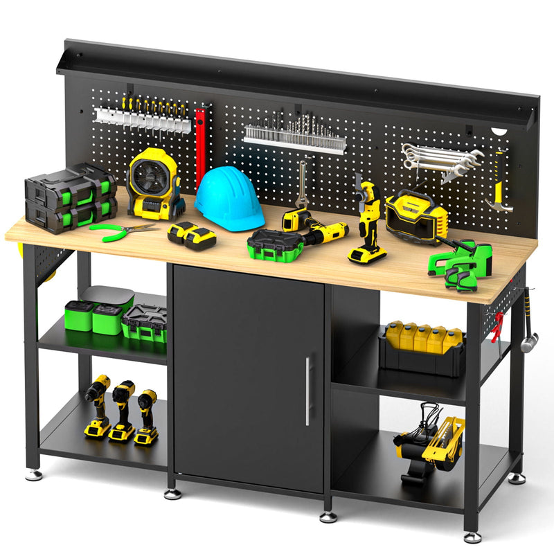Workbench With Storage Cabinet And Pegboard - Black by HouseOfZazla