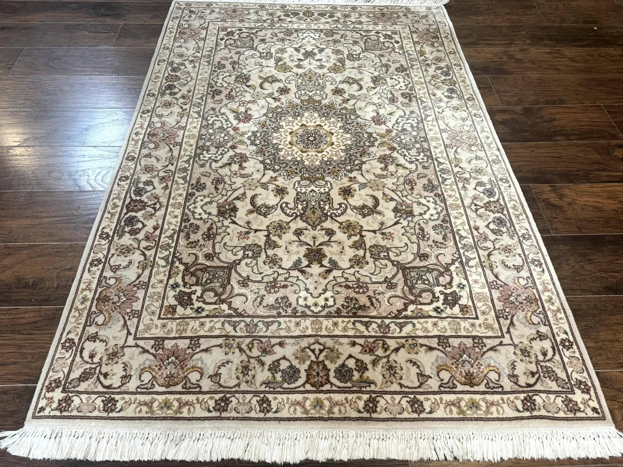 Pak Persian Rug 4x6, Floral Medallion, Beige, Wool and Silk Highlights, Vintage Handmade Rug by Jewel Rugs