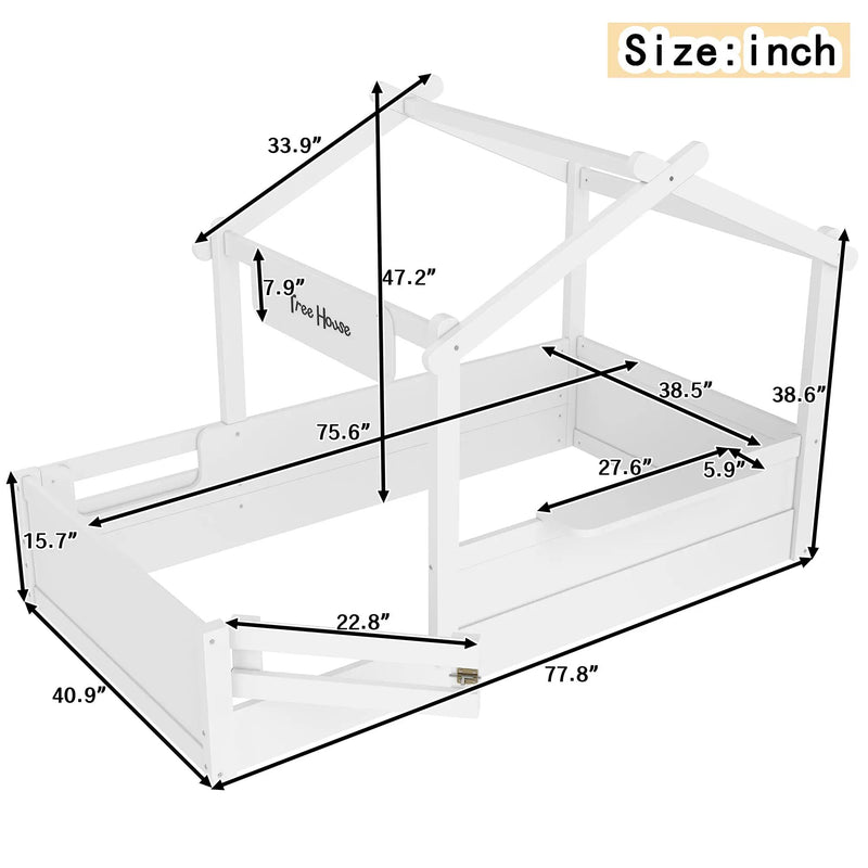 Twin Size Floor Bed with Guardrails and Roof by HouseOfZazla