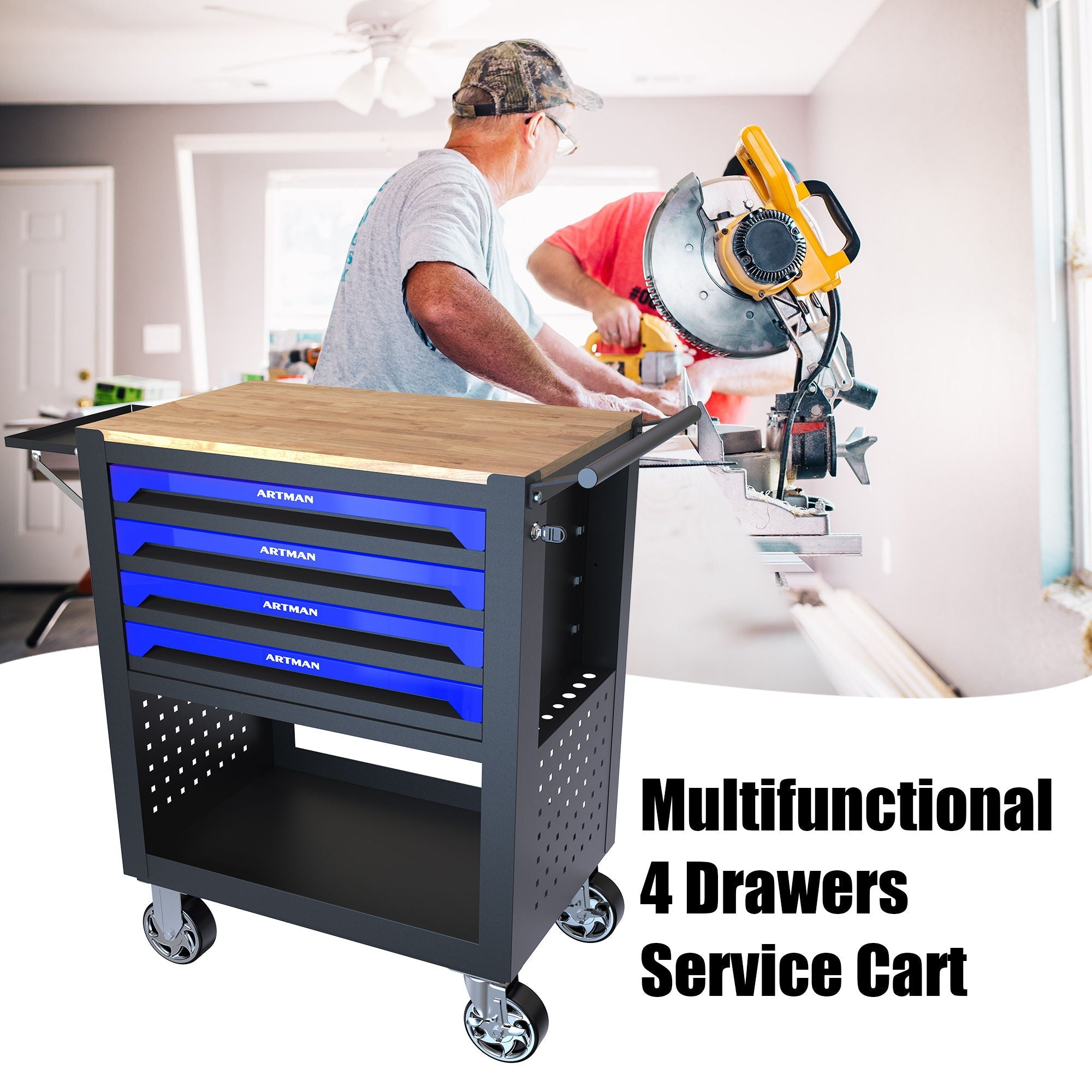 4 Drawers Multifunctional Tool Cart With Wheels And Wooden Top by HouseOfZazla