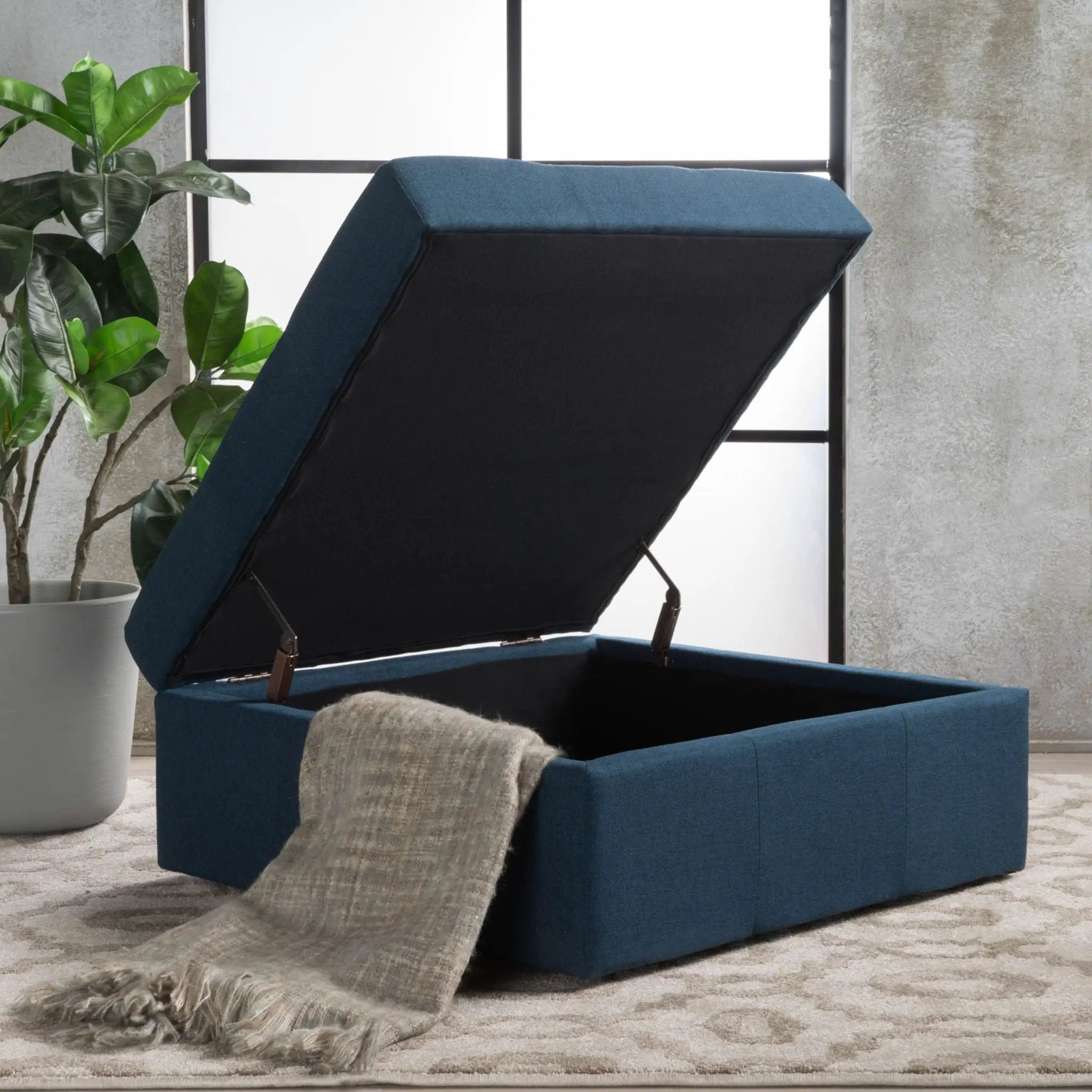 Flip Top Ottoman With Tufted Waffle Stitch And Rolling Casters - Navy Blue by HouseOfZazla