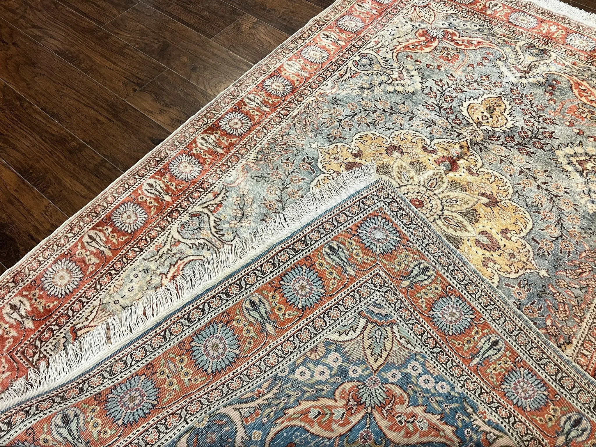 Silk Turkish Rug 5x7, Light Blue Silk Carpet, Floral Medallion, Turkish Kayseri Rug, Vintage Handmade Oriental Rug by Jewel Rugs