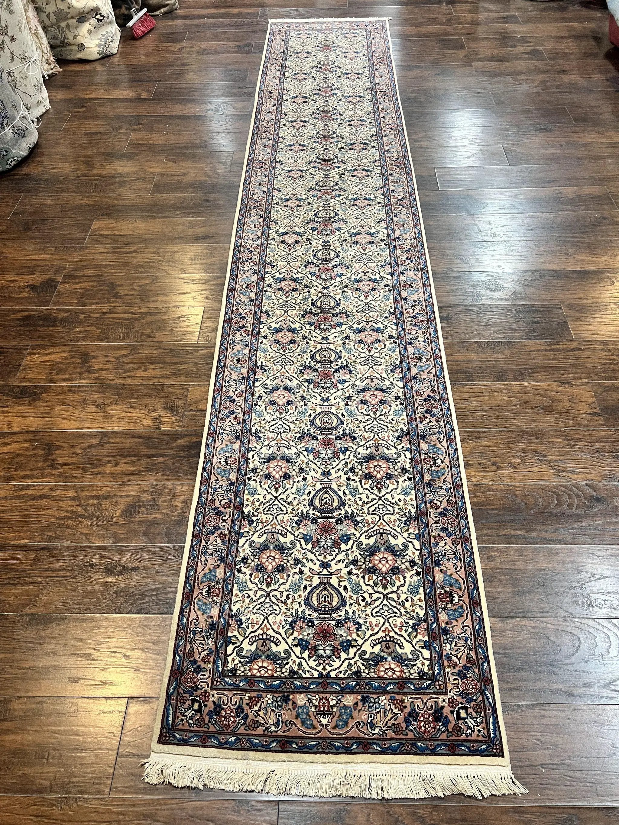 Sino Persian Runner Rug 2.8 x 14, Hand Knotted Vintage Oriental Hallway Rug, 14ft Runner, Cream, Floral, Wool by Jewel Rugs