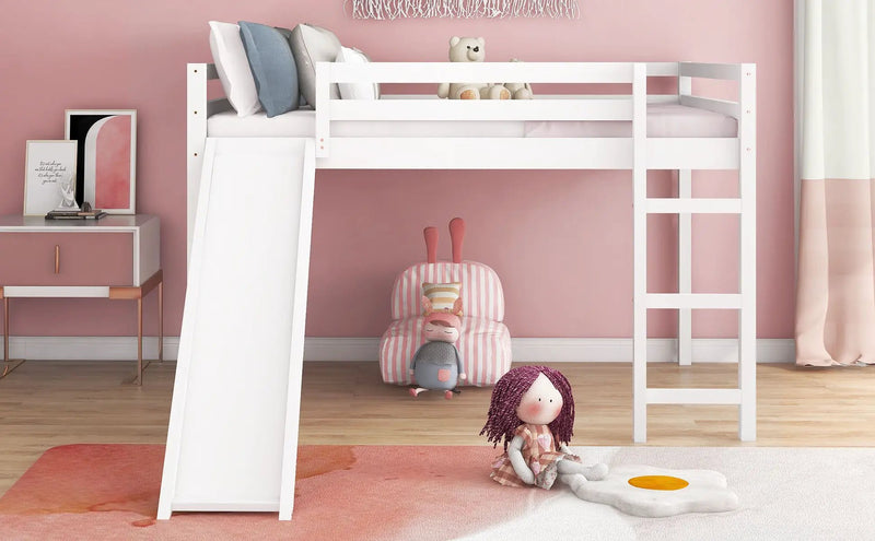 Full Loft Bed With Slide, Multifunctional Design - White by HouseOfZazla