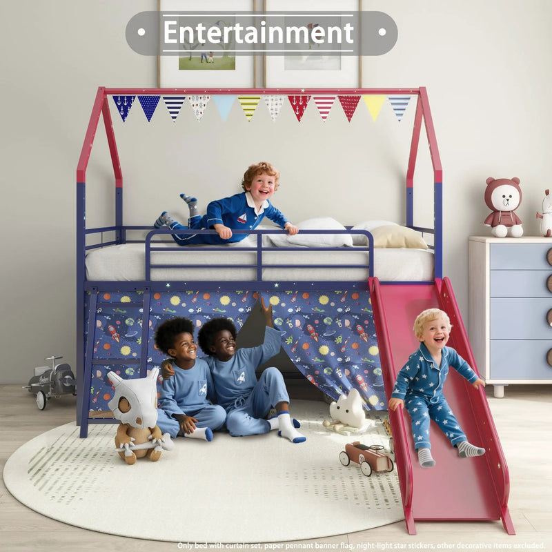Jack - House Loft Bed With Slide And Curtain Set by HouseOfZazla